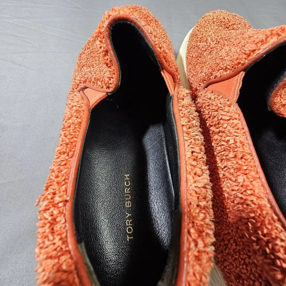 Tory Burch Howell Slip On Sneakers Womens 7.5 Orange Boucle Raffia Shoes 149646